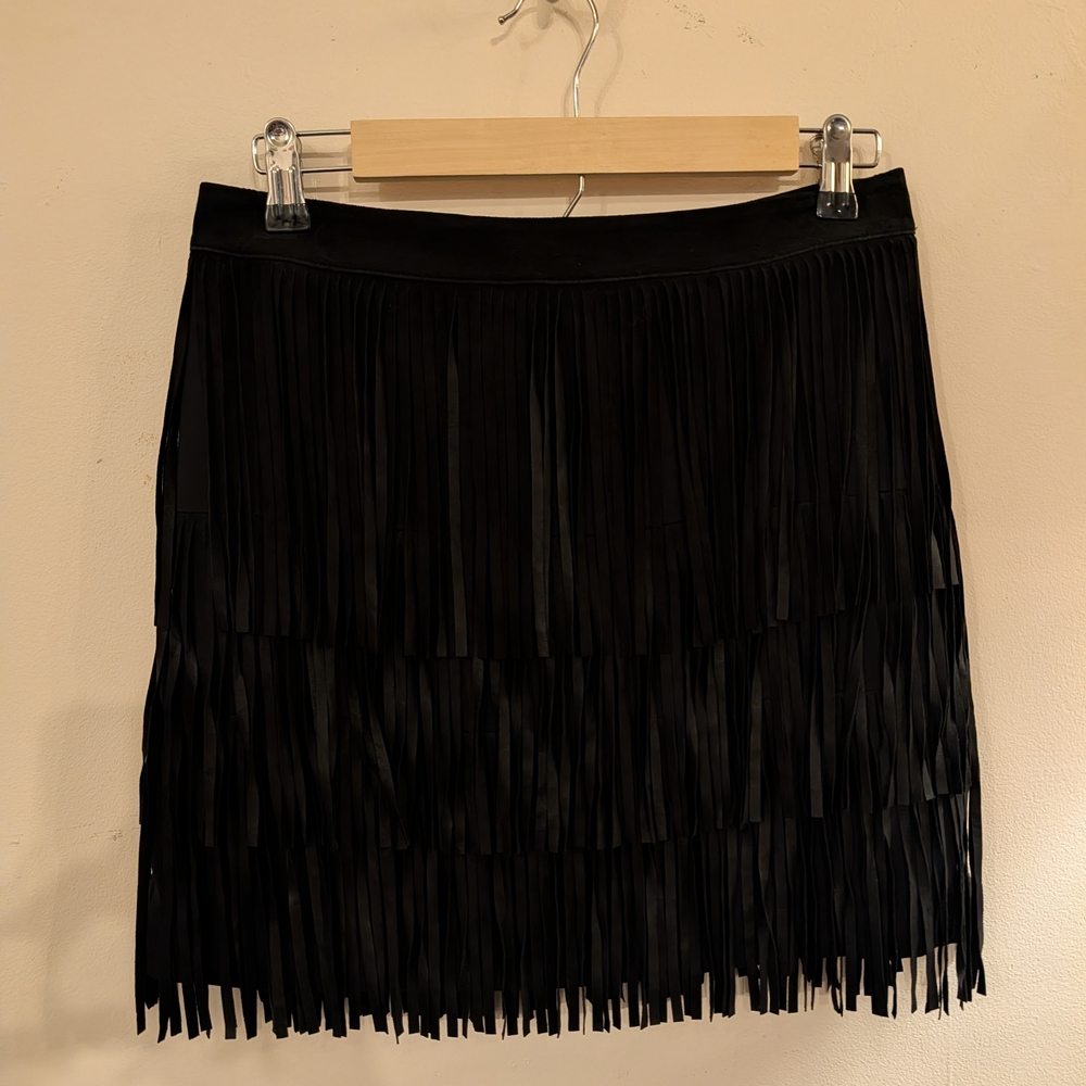 NWOT Alice + Olivia Black Goat Suede Fringe Skirt Sz8